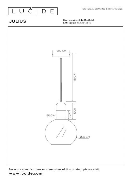 Lucide JULIUS - Pendant light - Ø 40 cm - 1xE27 - Smoke Grey - technical